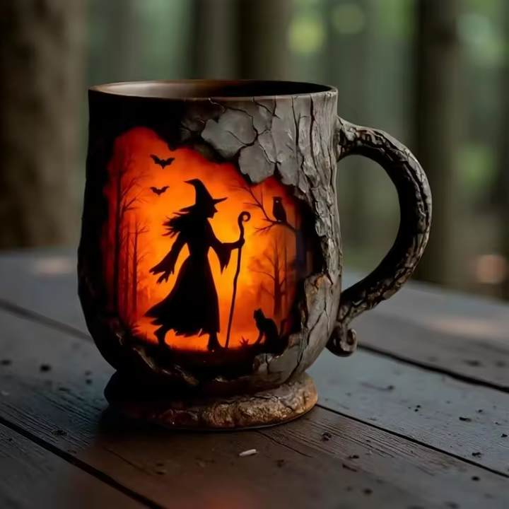 Remeselnícky 3D Halloween hrnček – s dizajnom čarodejnice a mačky