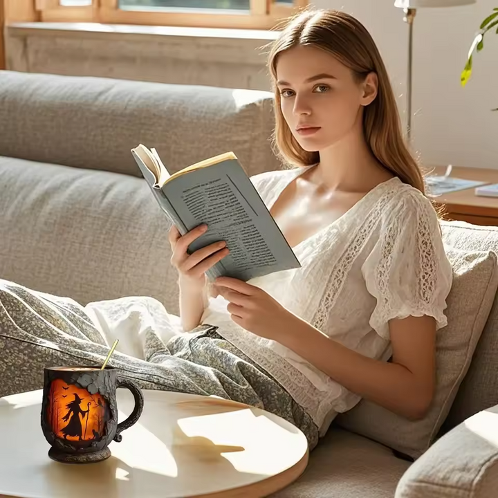 Remeselnícky 3D Halloween hrnček – s dizajnom čarodejnice a mačky