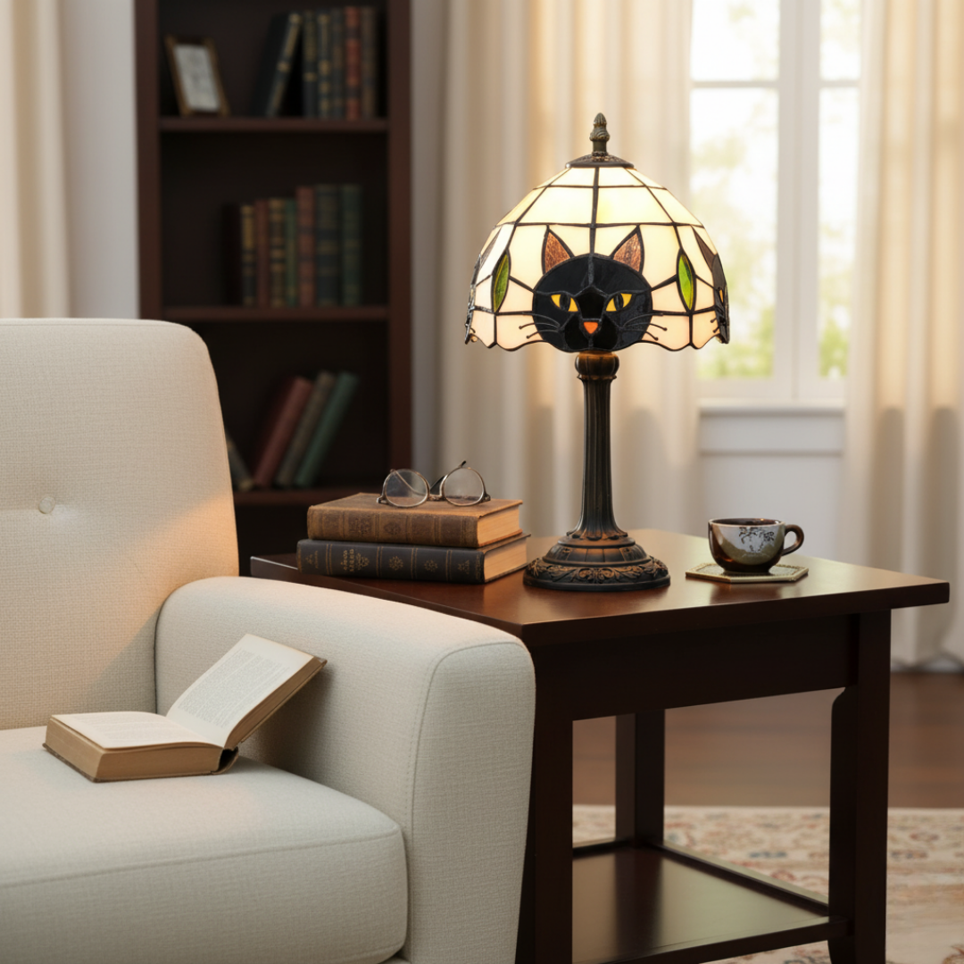 Retro baroková stolná lampa s čiernou mačkou
